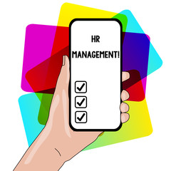 Word writing text Hr Management. Business photo showcasing strategic approach to the effective analysisagement of showing Closeup of Smartphone Device Held in Hand with Empty Screen and Text Space