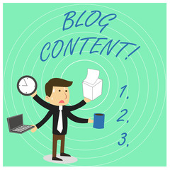 Handwriting text Blog Content. Conceptual photo Posts on one continuous streaming page or individual pages Stressed Out Male Employee Manager Many Armed Multitasking Meet Deadline