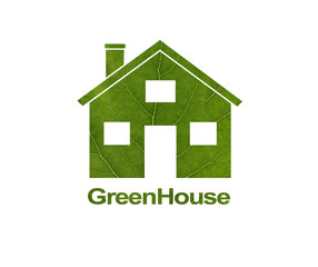 House icon on a white isolated background from a green leaf. The inscription Green House. Close-up