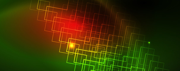 Techno glowing background, futuristic dark template with neon light effects and simple forms, vector