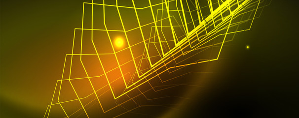 Techno glowing background, futuristic dark template with neon light effects and simple forms, vector