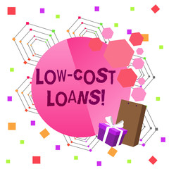 Conceptual hand writing showing Low Cost Loans. Concept meaning loan that has an interest rate below twelve percent Greeting Card Poster Gift Package Box Decorated by Bowknot