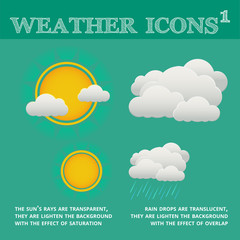 Cartoon weather transparent icons. Sun, rain. Vector illustration