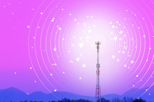 Happy communication is the key to success concept, Communication Tower sending out hearts, stars and speech bubbles - Powered by Adobe