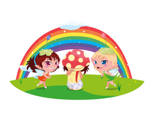 Obraz na płótnie Canvas beautiful magic fairies with fungu elf and rainbow