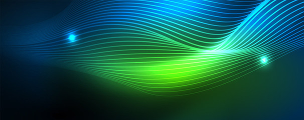 Smooth wave lines on blue neon color light background. Glowing abstract wave on dark, shiny motion, magic space light