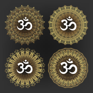 Aum Symbol Of Hindu Deity God Shiva Set Vector. Collection Of Aum Ohm Emblem On Different Lace Ornate Golden Circle On Background. Design Hinduism Religion Sign Flat Cartoon Illustration