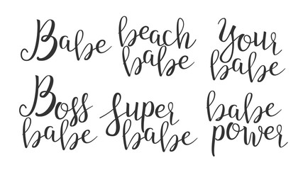 Modern Calligraphy Of Ink Baby Letters Vector. Stylish Typography Inscription Poster With Handwritten Babe Beach, Boss Super Power Elegance Decoration. Graphic Design Text Flat Illustration