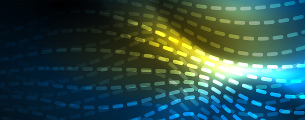 Fototapeta premium Smooth wave lines on blue neon color light background. Glowing abstract wave on dark, shiny motion, magic space light