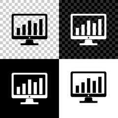 Computer screen with financial charts and graphs icon isolated on black, white and transparent background. Chart bars and financial analytics. Vector Illustration