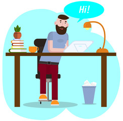 Vector drawing. Workspace concept. Hipster works at graphics tablet. The young man communicates in social networks. Businessman, designer sitting at the desk works with laptop