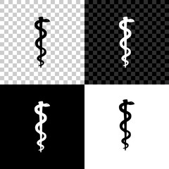 Rod of asclepius snake coiled up silhouette on black, white and transparent background. Medicine and health care concept. Emblem for drugstore or medicine, pharmacy snake symbol. Vector Illustration
