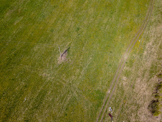 Aerial view of the field with green grass and yellow dandelions without people and garbage. Health and nature with the environment.
