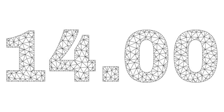 Mesh vector 14.00 text label. Abstract lines and circle dots form 14.00 black carcass symbols. Wire carcass 2D polygonal mesh in eps vector format.