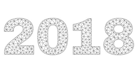 Mesh vector 2018 text. Abstract lines and circle dots form 2018 black carcass symbols. Wire frame 2D polygonal mesh in vector format.