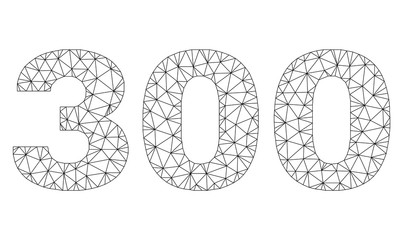 Mesh vector 300 text label. Abstract lines and small circles form 300 black carcass symbols. Linear carcass 2D triangular mesh in eps vector format. - obrazy, fototapety, plakaty