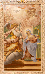 OSSUCCIO, ITALY - MAY 8, 2015: The baroque fresco of Annunciation in church Sacro Monte della Beata Vergine del Soccorsoby Salvatore Pozzi di Puria  (1595 – 1681).