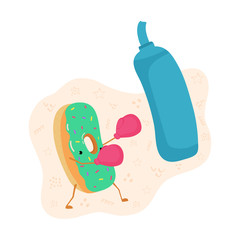 A colorful illustration of a donut box. Boxing gloves donut trains with a punching bag. Cute poster with a green donut for a poster, postcard, clothes, flyers. Vector