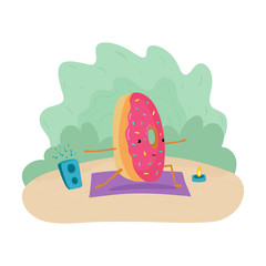 Fun donut illustration doing yoga. A donut stands in a warrior pose on a rug with a sound column and a candle. Cute poster with pink donut for poster, postcard, clothes, flyers. Vector