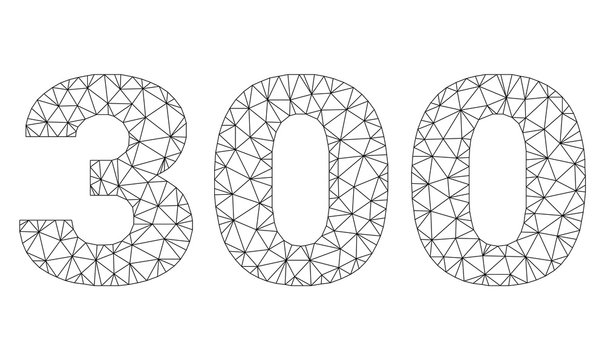 Mesh vector 300 text label. Abstract lines and small circles form 300 black carcass symbols. Linear carcass 2D triangular mesh in eps vector format.