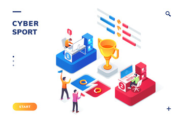 Cybersport arena with gamers, isometric view. Online game tournament in player vs player format. Fans at cyber sport competition, winner cup. E-sport web landing page for smartphone. Competition