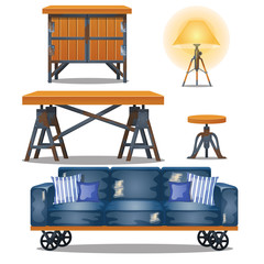Set of furniture in the workshop in the style of industrial isolated on white background. Mobile couch on wheels. Vector cartoon close-up illustration. © Lady-Luck
