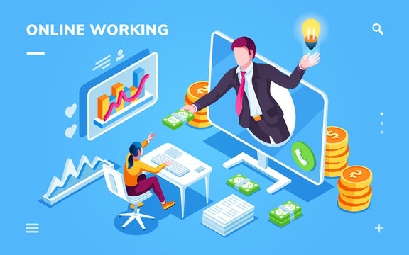 Isometric Office With Freelancer Taking Money Or Cash From Businessman. Online Work Background For Smartphone Application With Monitor And Desk, Graph. Outsource Internet Worker, Programmer. Workplace