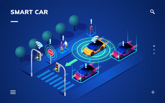 Driverless or self driving car at road. Futuristic autonomous vehicle remote sensing system. Isometric view on smart auto near traffic light, 3d transport with wireless signal.Autopilot and navigation