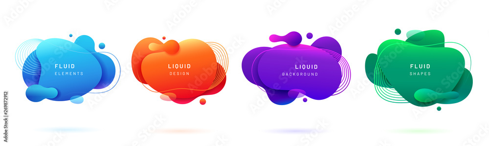 Aufkleber set of isolated blue and red fluid blobs, gradient green and violet liquid spots. abstract 3d brush 