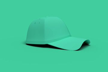 Green baseball hat on a green background abstract image. Minimal concept sport business. 3D render.