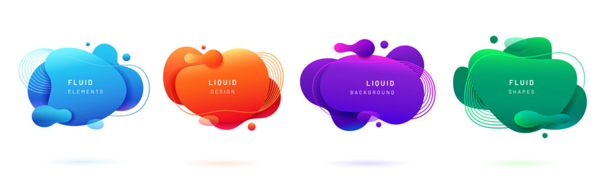 Set of isolated blue and red fluid blobs, gradient green and violet liquid spots. Abstract 3d brush spats for poster design or flyer background, banner template. Geometric shapes with dynamic colors