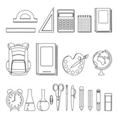 School supplies set. Hand drawn stationery on white background. Vector illustration.