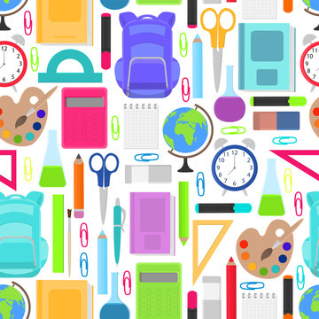 School supplies seamless pattern. Stationery on white background. Vector illustration.