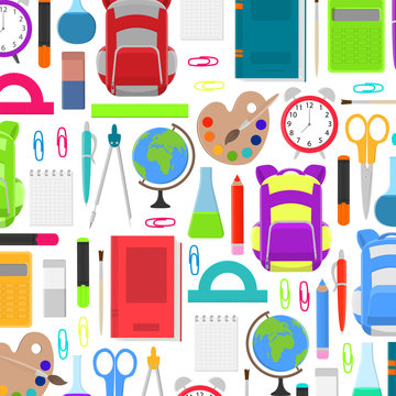 School supplies background. School supplies and stationery on white background. Vector illustration.