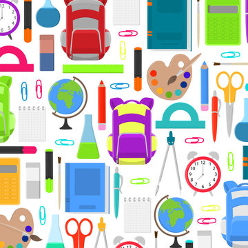 School supplies background. School supplies and stationery on white background. Vector illustration. 