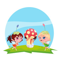 beautiful magic fairies with fungu elf in the garden
