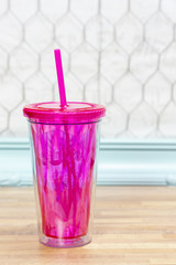 Pink Plastic Re-Useable Drinking Container with Straw