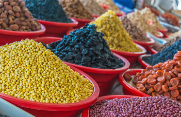 Dried food products sold at the Chorsu Bazaar in Tashkent