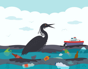 Ecological disaster in the ocean, oil leakage from the tanker. The dying bird, the victim of the accident on the background of a polluted ocean with plastic trash and oil.
