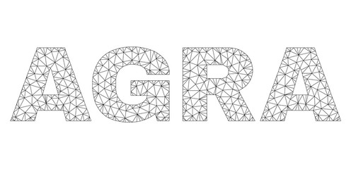 Mesh vector AGRA text. Abstract lines and circle dots form AGRA black carcass symbols. Wire carcass 2D polygonal mesh in vector EPS format.