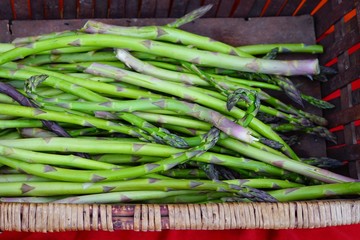Fresh green asparagus at a farmers market