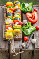 Preparations for grilling skewers with meat and vegetables