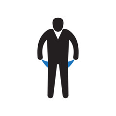 Frustrated businessman character showing empty pockets.