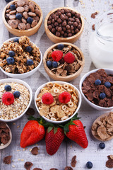 Bowls with different sorts of breakfast cereal products