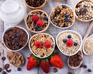 Bowls with different sorts of breakfast cereal products