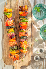 Top view of grilled skewers served with water in summer