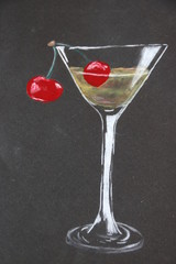 Zeichnung Cocktailglas mit Getränk und Kirschen