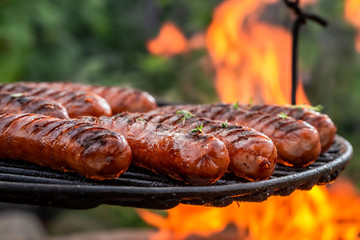 Sausage on grill with spices and herbs in summer