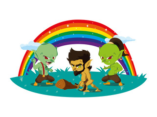Obraz premium ugly trolls with caveman gnome and rainbow scene