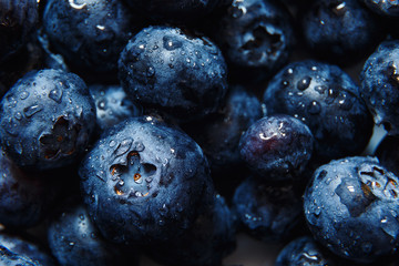 Nature background. Big beautiful water drops on ripe and juicy fresh picked blueberries closeup. Macro view of abstract nature texture and background organic pattern. Copy space. Macro shot